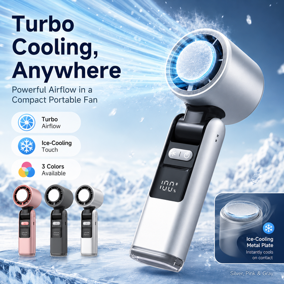 Handheld Turbo Fan – Portable 100-Speed Cooling with Ice-Cooling Plate, USB-C Rechargeable