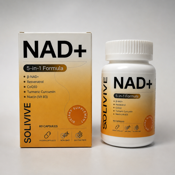 Solivive NAD+ Supplement 5-in-1 Formula – Resveratrol, CoQ10, Turmeric Curcumin & Niacin (B3) – Energy, Cellular Support & Anti-Aging – Non-GMO, Gluten-Free, Vegan Capsules – 60 Count