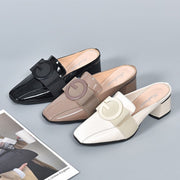 New 2023 Summer Loafers Square Toe Thick Heels for Women Mid-heel Covered Leather