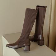Slim Knee-High Sock Boots Knitting Stretch Cloth Leather Stitching Women Long Boots Female Square Toe High Heels