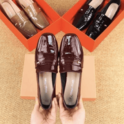 Leather Women's Shoes Square Head Patent Leather Bright Thick Heel Shoes
