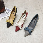 Fashion Women 9.5cm or 6.5cm Thin High Heels Pumps Metal Bow Blue Pumps Pointed Toe Gray Pumps Zapatos Mujer