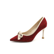 Fashion Women 9.5cm or 6.5cm Thin High Heels Pumps Metal Bow Blue Pumps Pointed Toe Gray Pumps Zapatos Mujer