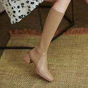 Slim Knee-High Sock Boots Knitting Stretch Cloth Leather Stitching Women Long Boots Female Square Toe High Heels