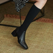 Slim Knee-High Sock Boots Knitting Stretch Cloth Leather Stitching Women Long Boots Female Square Toe High Heels