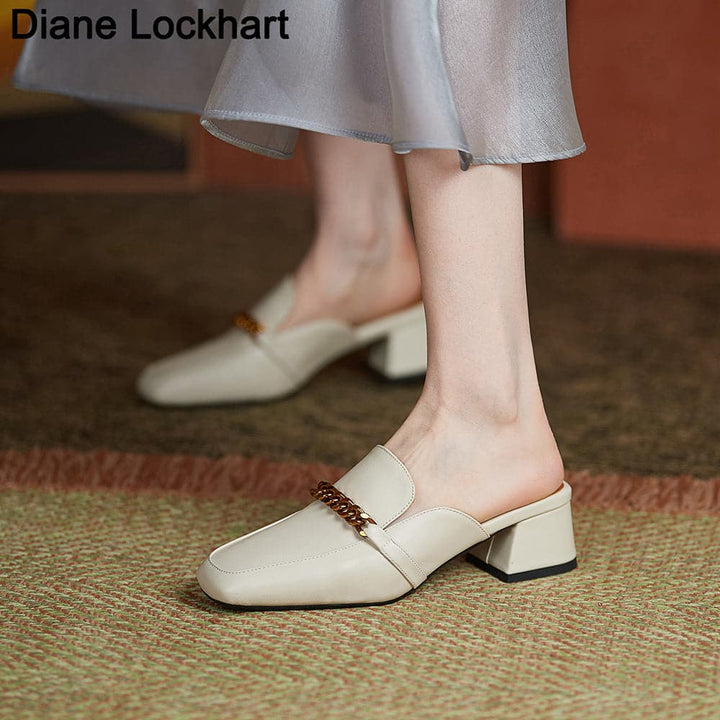 Women Slippers Metal Chain Mules Female Fashion Low Heels Shoes   Ladies Elegant Slipper Woman Casual Sandals Outdoor Slides 40